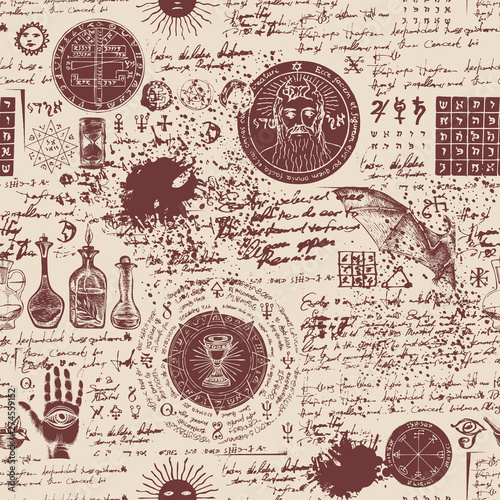 Vector seamless background on the theme of alchemy, magic, witchcraft and mysticism with various esoteric and occult symbols. Medieval manuscript with sketches, blots and spots in retro style