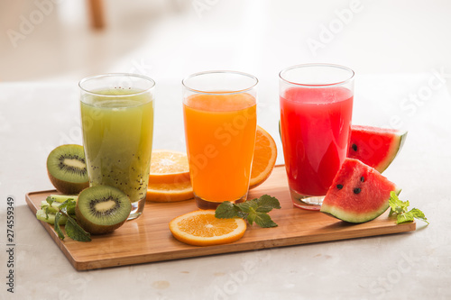 Assortment of fruit and vegetables juice in glass. Fresh organic ingredients, health or detox diet food concept