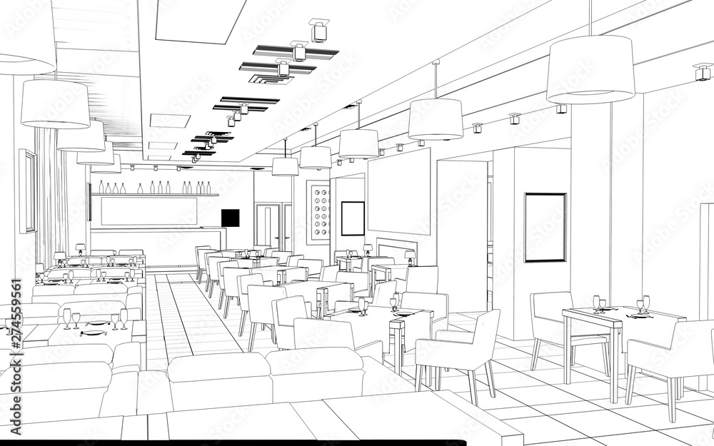 Fototapeta premium restaurant, 3D illustration, sketch, outline