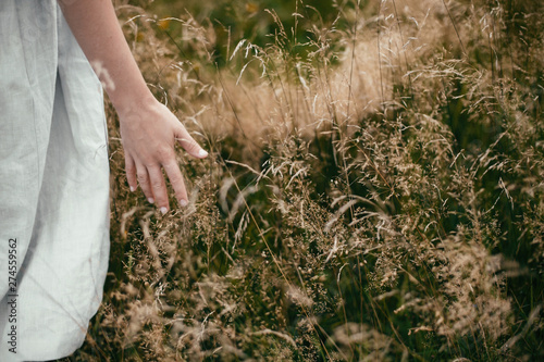 Stylish girl in linen dress gathering herbs and wildflowers in field, hand close up. Boho woman walking in countryside among grass, simple slow life style. Space for text. Atmospheric image