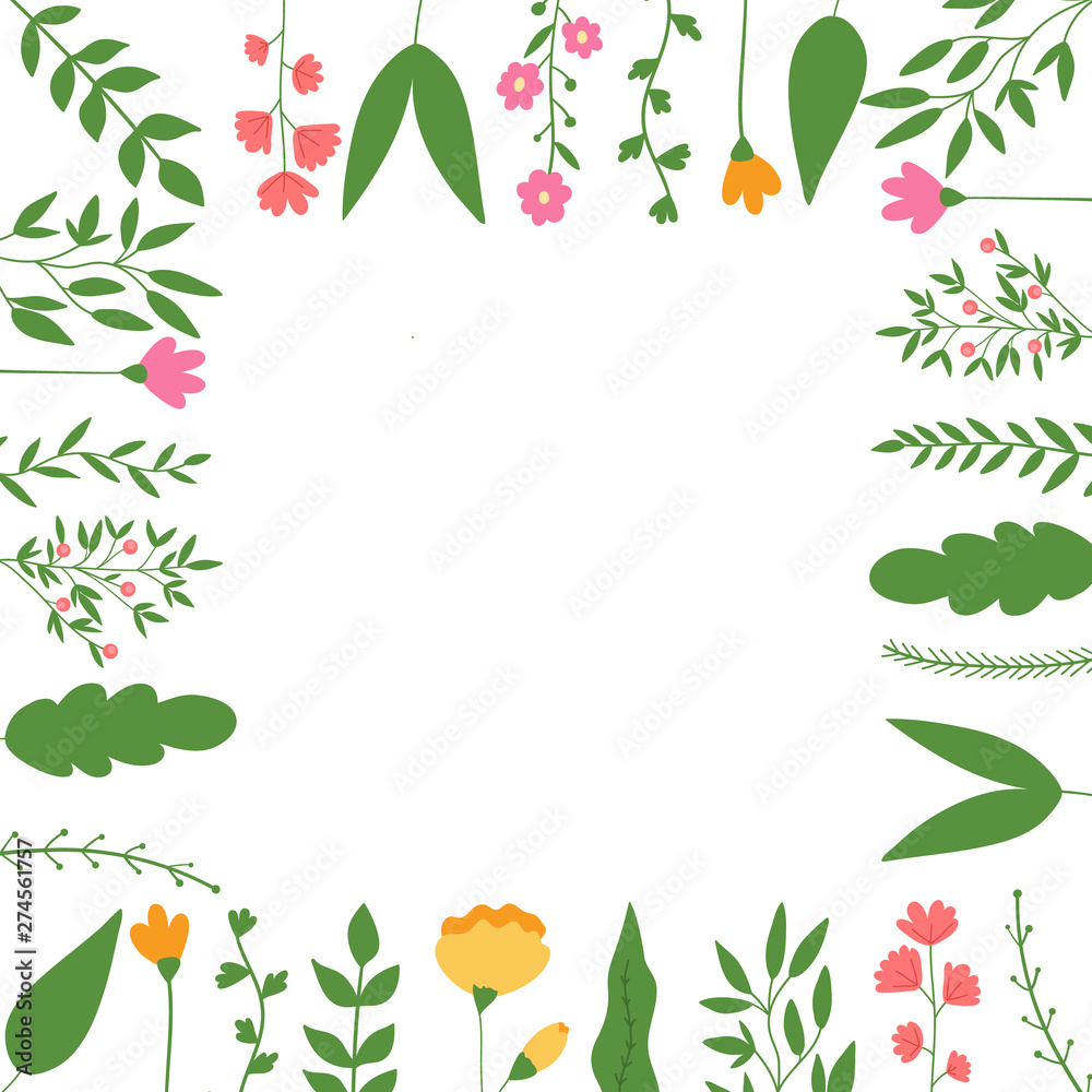 Floral frame with leaves and flowers. Place for test, vector illustrations. .