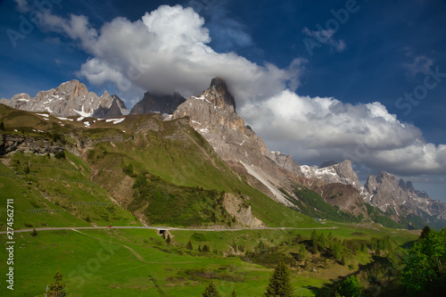 Mountain landscape in the Alps, Dolomite mountain peak in Passo Rolle, Italy