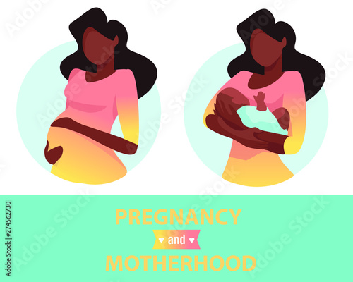 Motherhood. A mother with a baby and a pregnant woman. Vector illustration. Dark-skinned pregnant woman.  