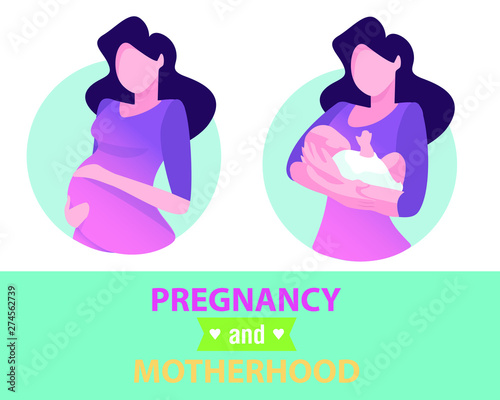 Motherhood. A mother with a baby and a pregnant woman. Vector illustration. Dark-skinned pregnant woman.  