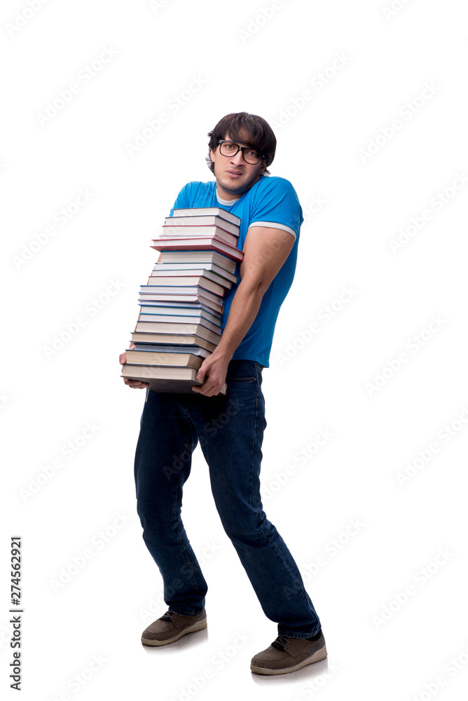 Male student with many books isolated on white Male student with many books isolated on white
