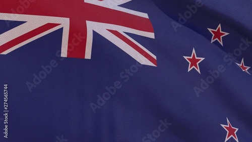 This stock motion graphics video shows a beautiful animation of the national flag of New Zealand with highly detailed fabric texture, waving in slow motion. 4K seamless loop. (ID: 274565744)
