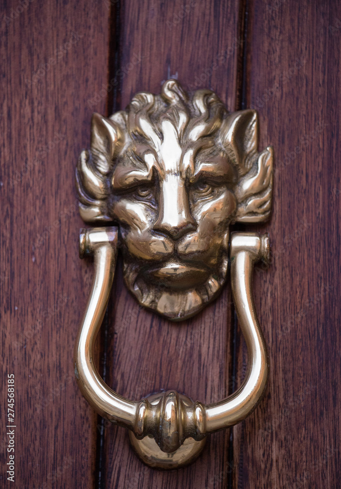 Old golden iron lion head door knocker on a wooden door. Mdina, Malta Old golden iron lion head door knocker on a wooden door. Mdina, Malta