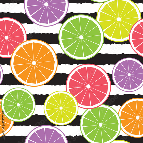 Citrus fruits seamless pattern on black striped background