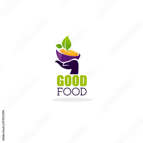 bowl full of hot, home made soup and human hand, vector logo, symbol, emblem