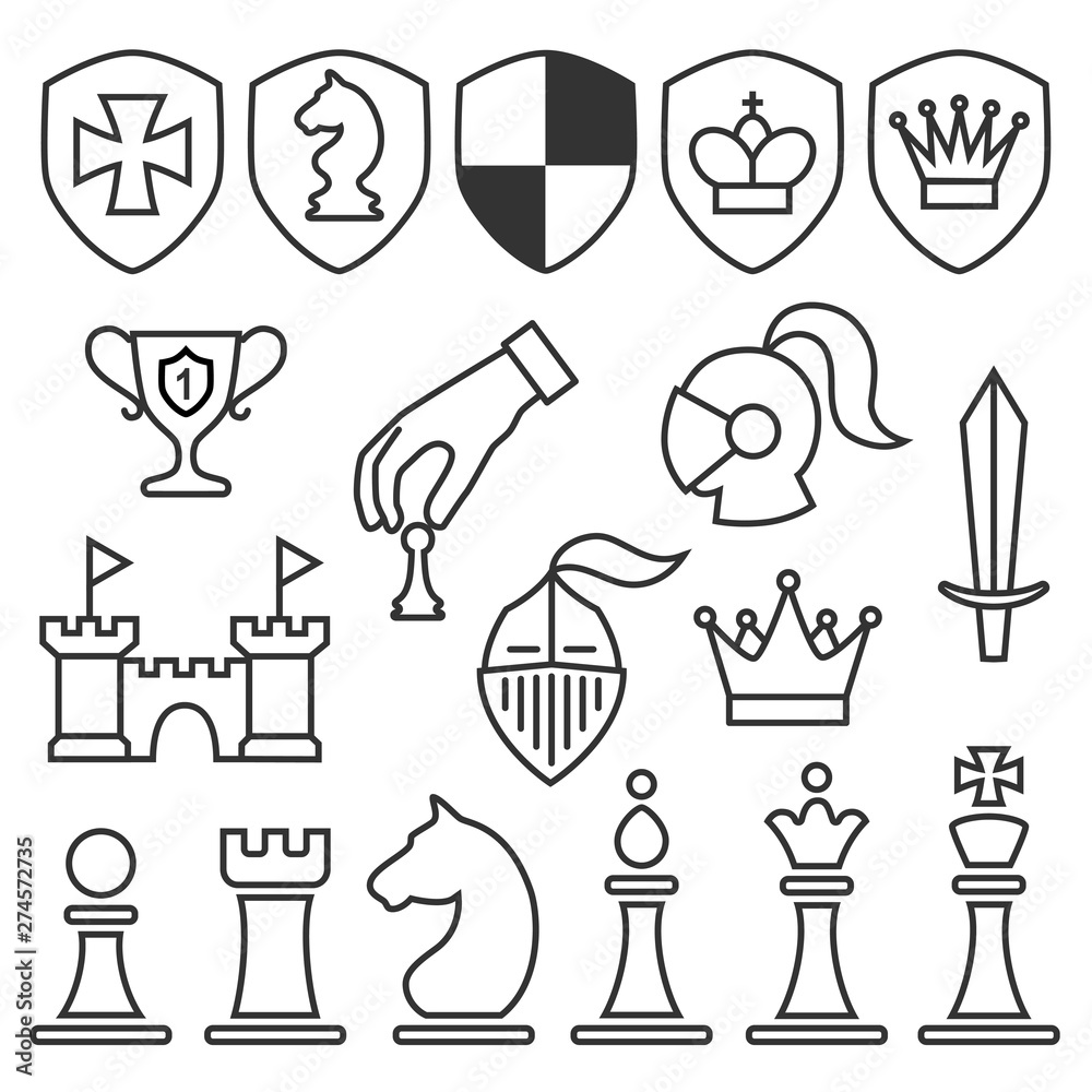 Set of contour chess icons isolated on the white background. Vector illustration Set of contour chess icons isolated on the white background. Vector illustration