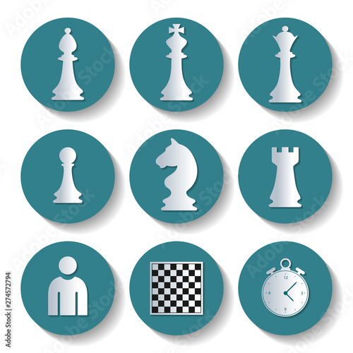 Set of white chess pieces icons in aquamarine circles. Paper art design. Vector illustration