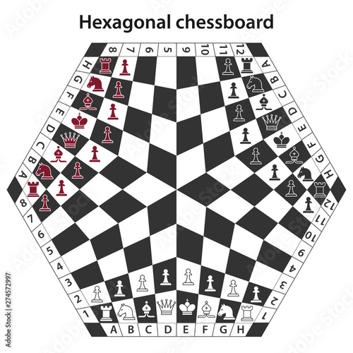 Black and white hexagonal chessboard for three players with chess pieces. Chess pieces in flat style. Vector illustration