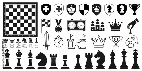 Set of black chess pieces icons in flat style on the white background. Vector illustration