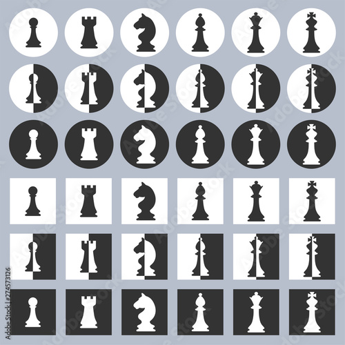 Set of white and black chess pieces icons in flat style on the white and black background in squares. Vector illustration