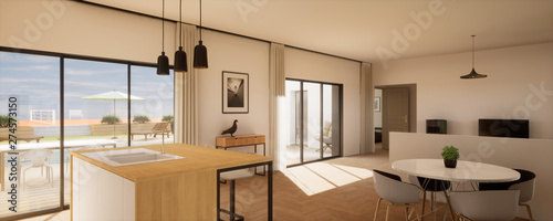 vue 3d grande pièce de vie avec vue sur terrasse et piscine