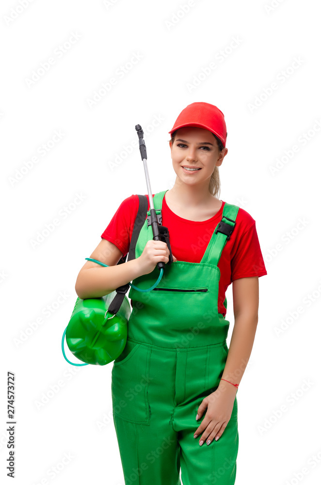 Female pest control contractor isolated on white Female pest control contractor isolated on white