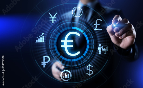 Euro icon on screen. Currency trading Exchange rate Forex business concept.