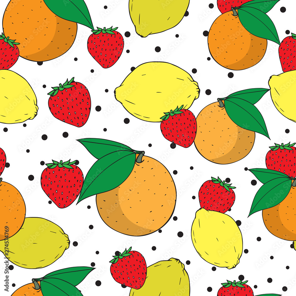 Vector fruit mix of orange, lemon and strawberry seamless pattern design Vector fruit mix of orange, lemon and strawberry seamless pattern design