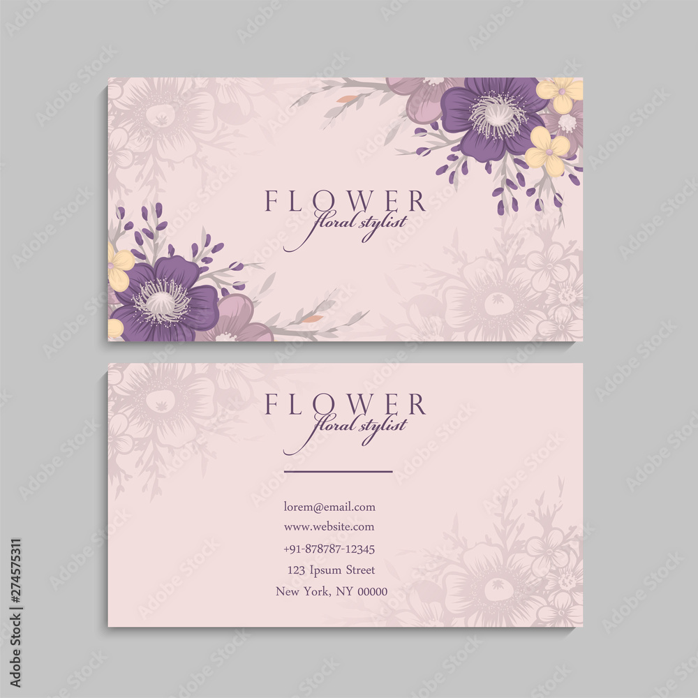 Business card with beautiful violet flowers. Template