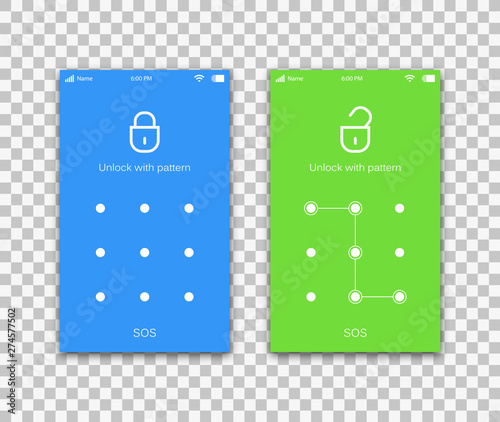 Screen lock pattern password background template on smartphone display. Vector screen lock ID recognition with pattern password on lockscreen