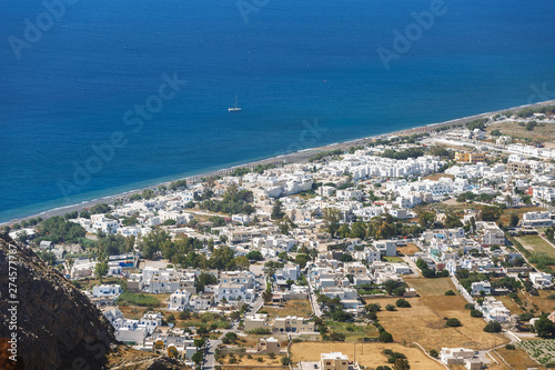 Beautiful Perissa Black Sand Beach, Greece, Cyclades islands, Santorini island, aerial view