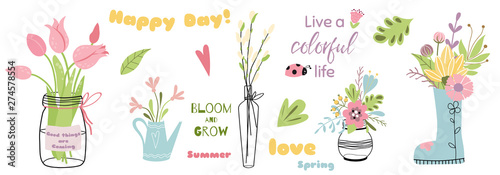 Flower elements Set of mason jars with flower bouquets Cute hand drawn color vector quotes phrases