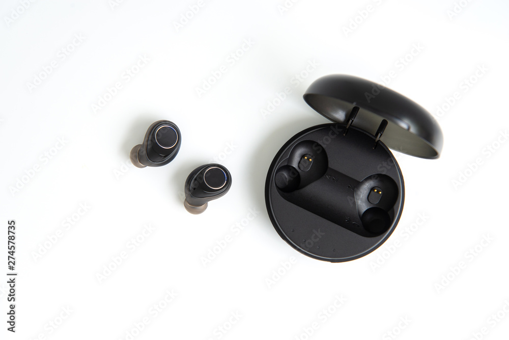 Black true wireless earbuds with power bank case on the white isolated background Black true wireless earbuds with power bank case on the white isolated background