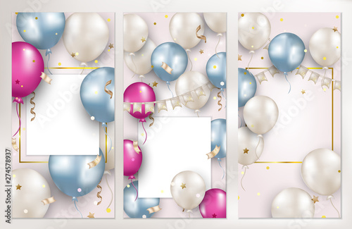 Set of Birthday greeting cards with flying pink, blue, white balloons, flag garland, confetti, serpentine. Holidays banner for sales, events wedding invitation, promotionals. Vector background.