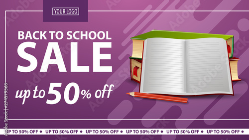 Back to school, discount horizontal web banner for online store with school textbooks and notebook