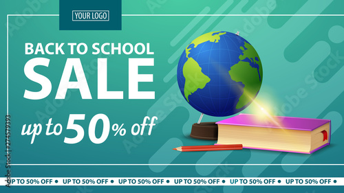 Back to school, discount horizontal web banner for online store with globe and school textbooks