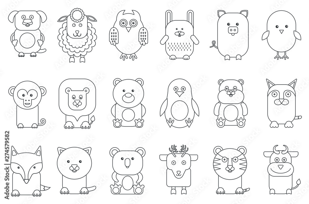 Black outline various adorable cartoon animals mammals and birds set vector illustration.