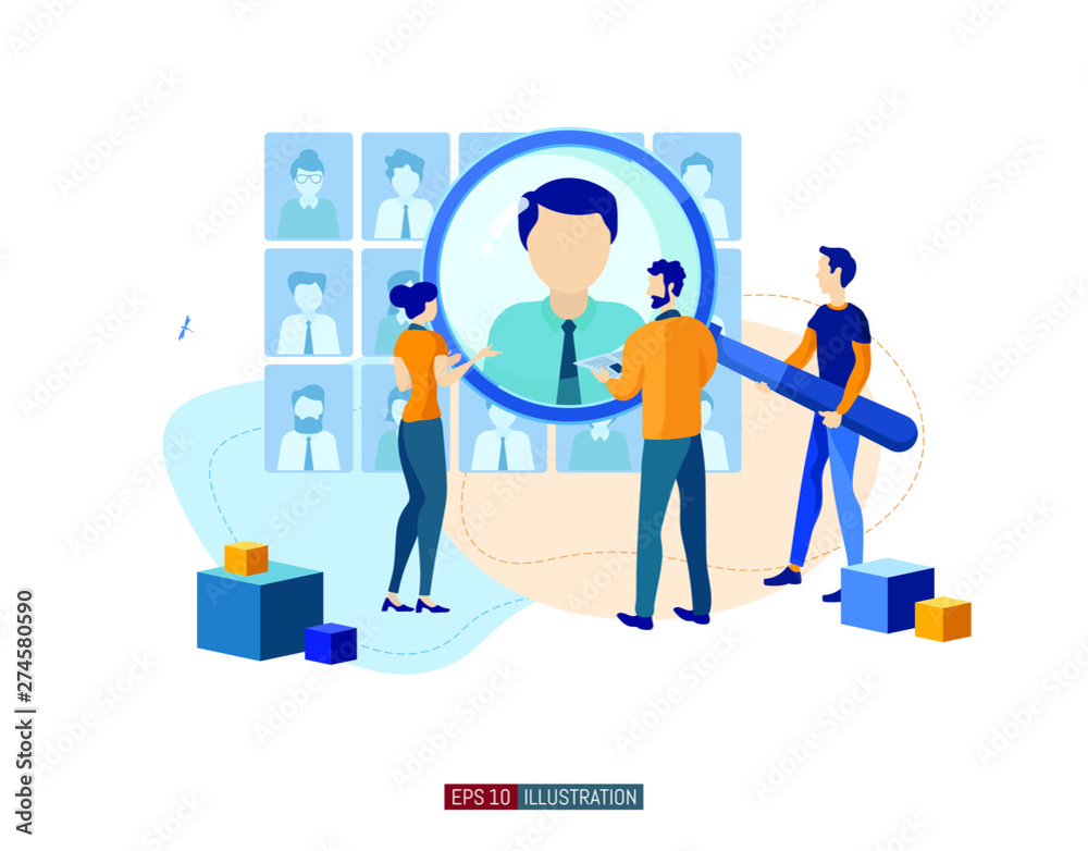 Trendy flat illustration. Businessmen are looking for an employee. Open vacancy. Hiring staff. Discussion of the applicant. Interview. Human resources. Template for your design works. Vector graphics. Trendy flat illustration. Businessmen are looking for an employee. Open vacancy. Hiring staff. Discussion of the applicant. Interview. Human resources. Template for your design works. Vector graphics.