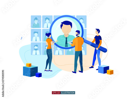 Trendy flat illustration. Businessmen are looking for an employee. Open vacancy. Hiring staff. Discussion of the applicant. Interview. Human resources. Template for your design works. Vector graphics.