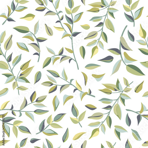 Liana leaves on white background. Seamless pattern of plants jungle. Vector illustration.