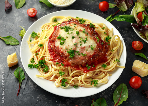 Chicken Parmesan with Cheese and Marinara Sauce served over spaghetti, pasta