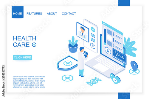 Isometric design of website homepage for healthcare organization. Health care isometry vector illustration.