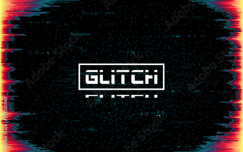 Glitch frame on dark backdrop. Color distortions and pixel noise. Cyberpunk template with distorted lines. Futuristic banner with dynamic elements. Future design. Vector illustration