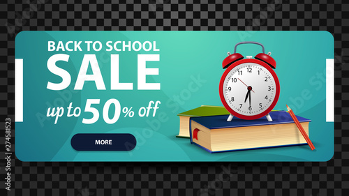 Back to school, up to 50% off, discount web banner for your website with school books and alarm clock