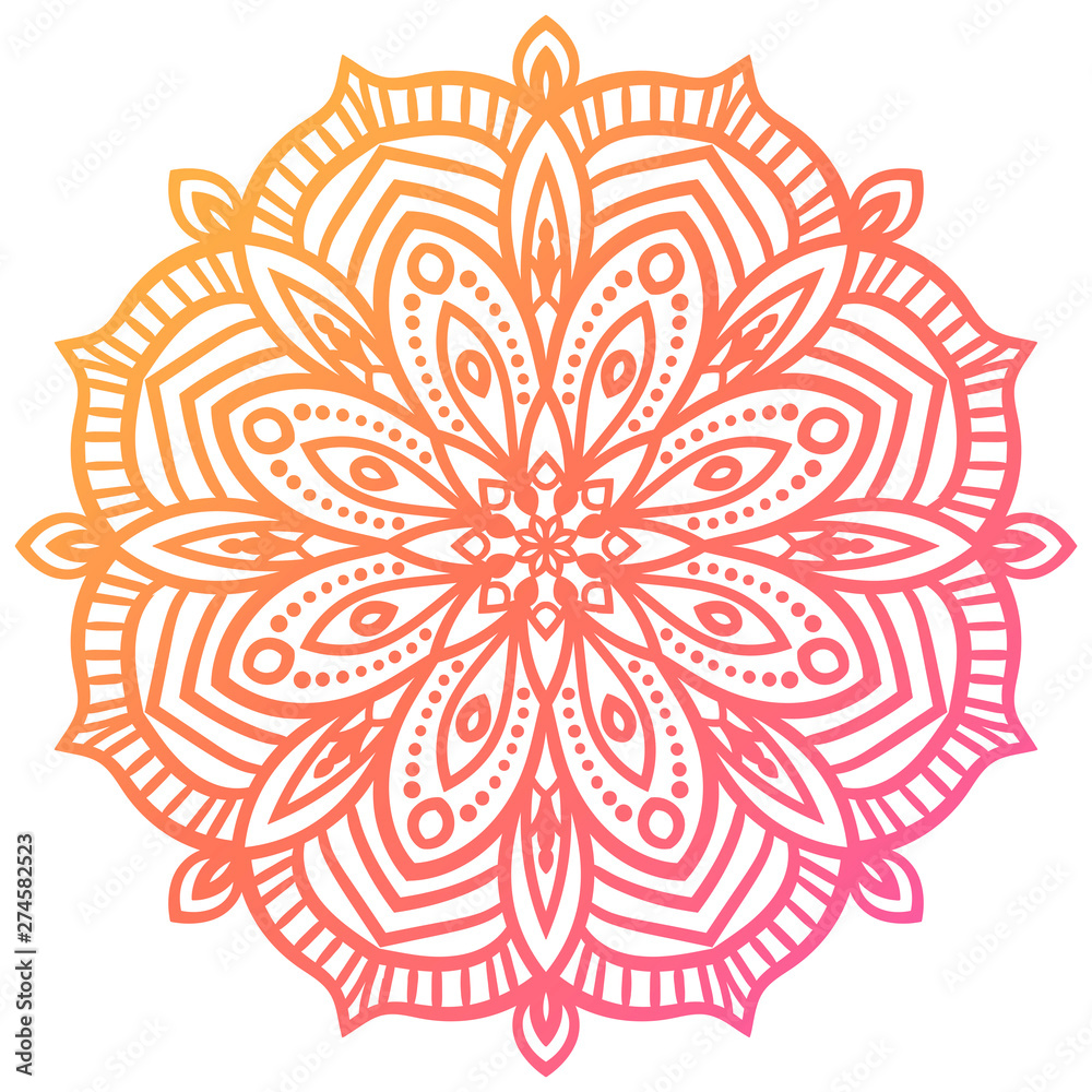 Colorful orange and pink flower mandala. Vintage decorative gradient element. Ornamental round doodle flower isolated on white background. Geometric circle element. Vector illustration.