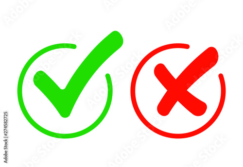 Check mark icon set. Gree Tick and red cross flat simbol. Check ok, YES or no, X marks for vote, decision, web