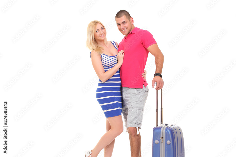 portrait of a young couple with suitcase for travel portrait of a young couple with suitcase for travel