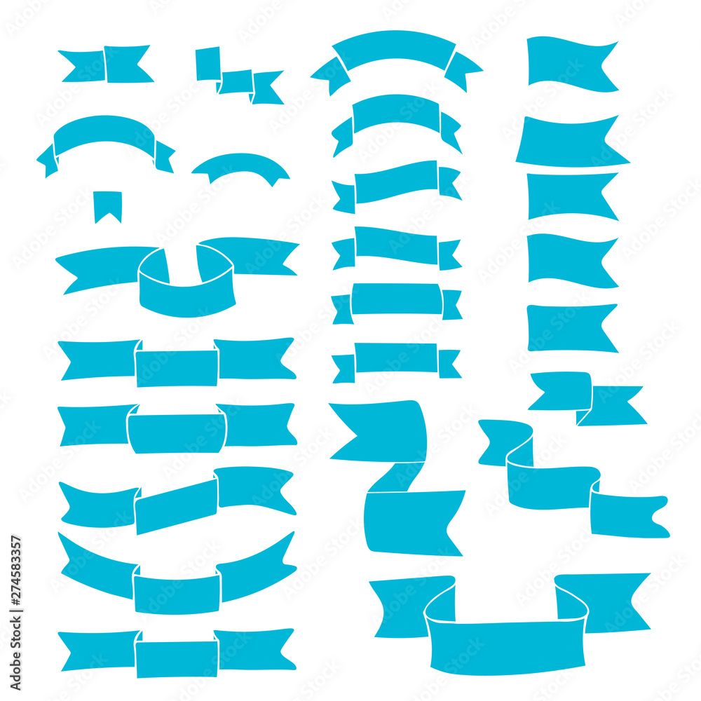 Blue ribbons, big hand drawn set of design elements, banners, labels isolated on white background. Set of cute tapes. Vector Illustration. Blue ribbons, big hand drawn set of design elements, banners, labels isolated on white background. Set of cute tapes. Vector Illustration.
