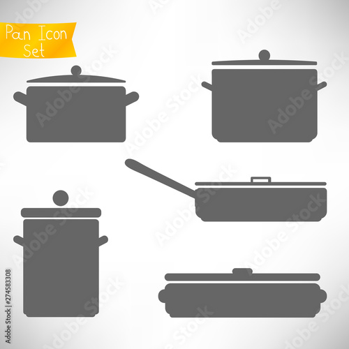 Set of gray icons of pans to cook different dishes. Pans and pots collection isolated on white. Vector illustration.