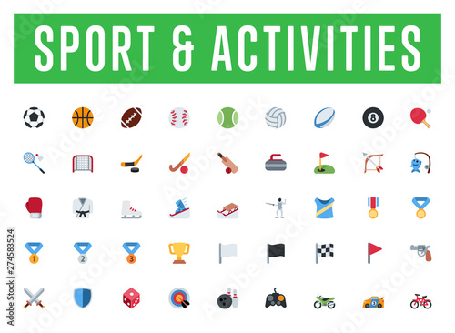 All type of sport icons, symbols, emojis vector illustration flat style activities, emoticons set, collection, group, big package.