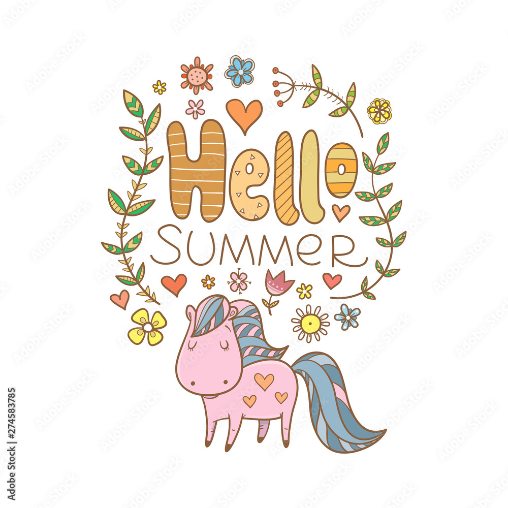 Fototapeta premium Summer card with a horse and plants. Vector contour colorful image. 