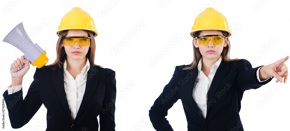 Female builder with megaphone isolated on white Female builder with megaphone isolated on white
