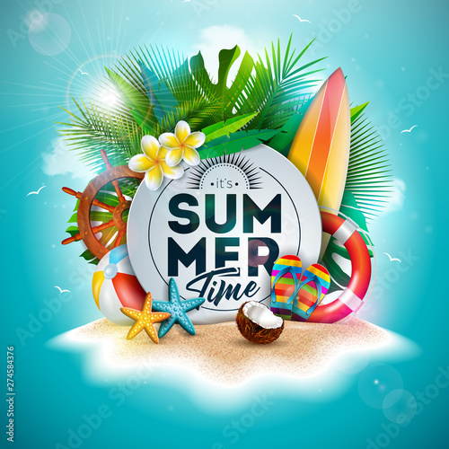 Vector Summer Time Holiday Illustration with Flower and Tropical Palm Leaves on Ocean Blue Background. Typography Letter, Lifebelt, Beach Ball and Surf Board on Paradise Island for Banner, Flyer