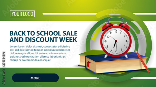 Back to school sale and discount week, banner with school books and alarm clock