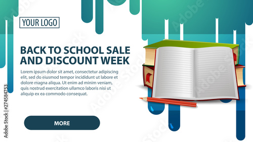 Back to school sale and discount week, banner with school textbooks and notebook