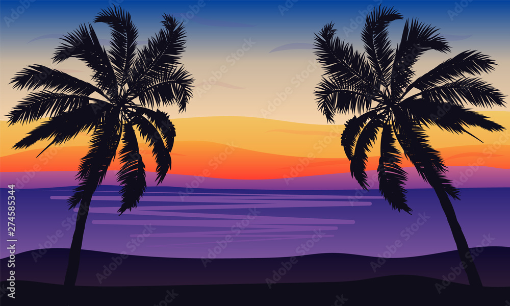 Landscape of palm trees against the sea in a blue-pink tone, vector art illustration.